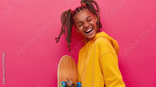 A joyful teenage girl with braided hair is captured in a moment of laughter. photo