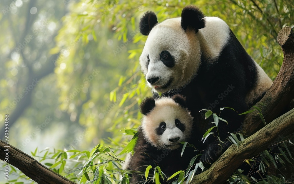 Obraz premium Panda cub learning to climb under the watchful eye of its mother