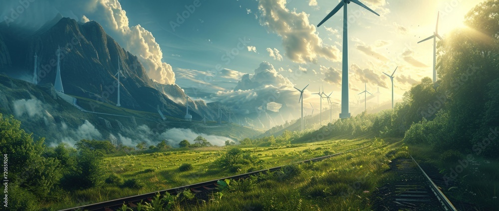 Sustainable energy windmills turbines in a field with hydrogen pipeline factory near railway. - obrazy, fototapety, plakaty 