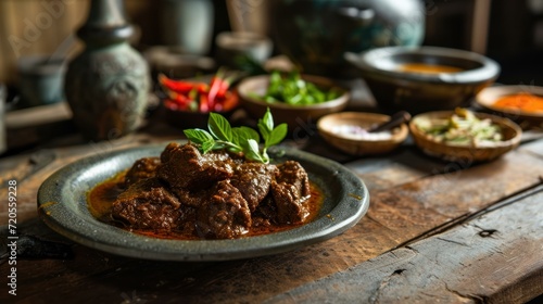 Beef Rendang against a rustic Indonesian kitchen photo