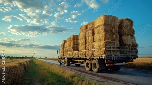 Shot of a truck loaded with hay bales