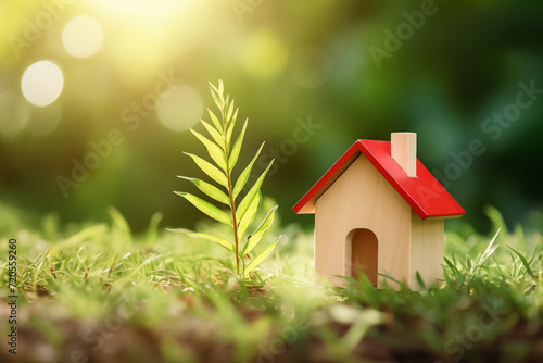 Miniature house on a meadow. A tiny house in forest. Concept of energy saving with modern technology. Real estate business, new homes and mortgages