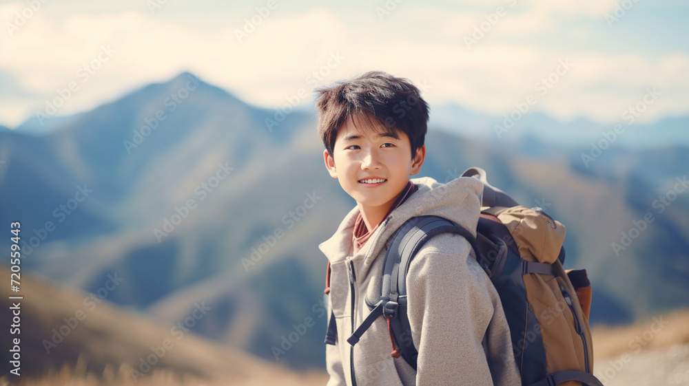 Young man hiking in tropical mountain forest