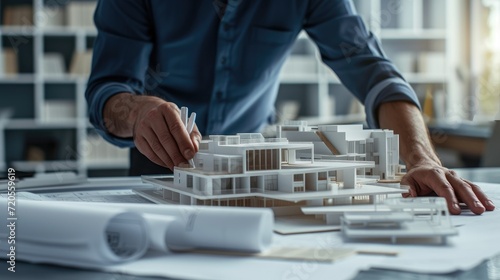 An architect holding blueprints, inspecting a modern building design.