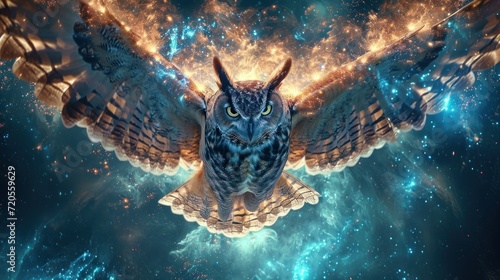 Cosmic journey, mystical essence of a cosmic owl, symbolism shamanism and witchcraft. photo