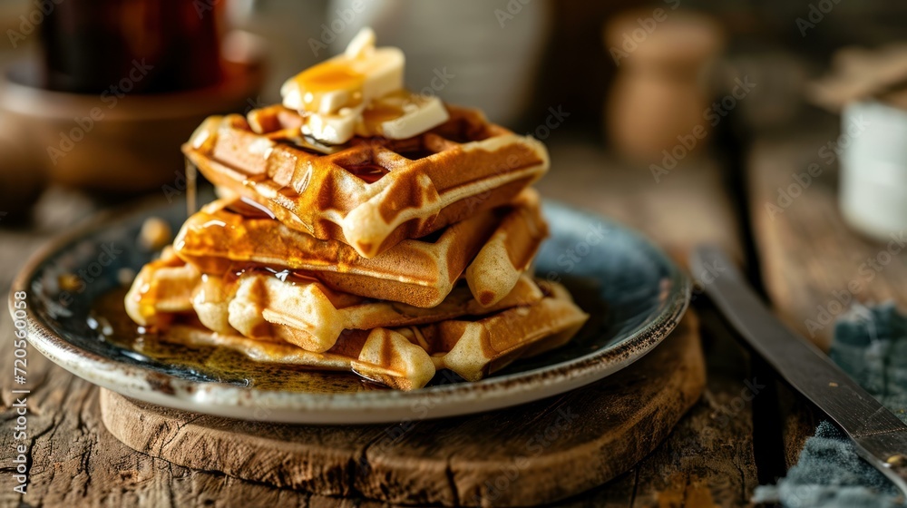 Fototapeta premium Waffle Stack with Maple Syrup against a rustic farmhouse kitchen