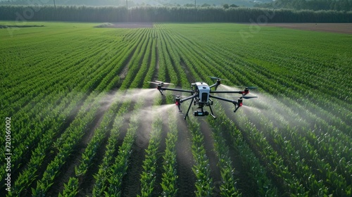 Shot of drone assisted crop spraying above plants
