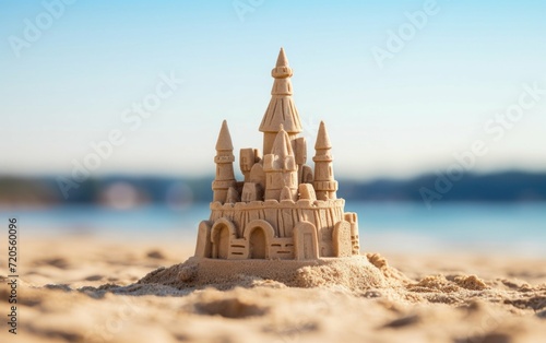 Sand castle creation against a dreamy and blurred beach backdrop