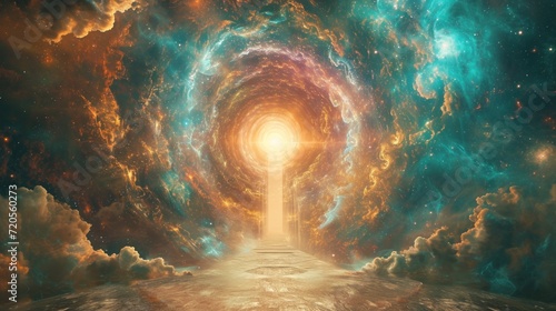 Ethereal depiction of a cosmic tapestry that holds the collective knowledge of the universe. photo
