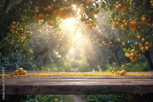 A wooden bench is shaded by a tree filled with ripe oranges.