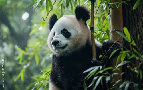panda gracefully climbing a bamboo tree