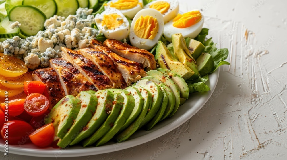 Side view of a Cobb Salad Plate against a spotless white backdrop Side view of a Cobb Salad Plate against a spotless white backdrop