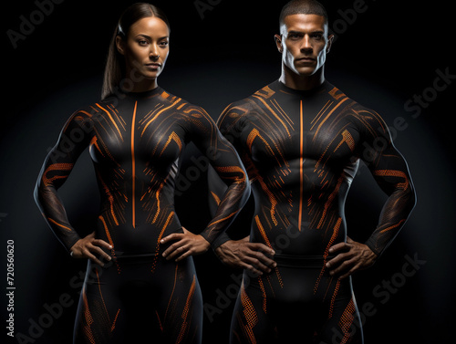 Athletic muscular woman and man torsos on a black background. Layout concept for a gym or fitness training. 