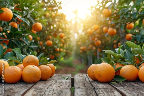 A wooden table is completely covered with a multitude of fresh oranges in sunny garden