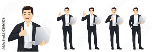 Asian business man in black suit holding laptop computer standing different posing isolated vector illustration