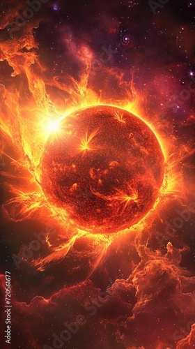 Mesmerizing display of a solar flare storm on the sun, set against a galaxy space background.