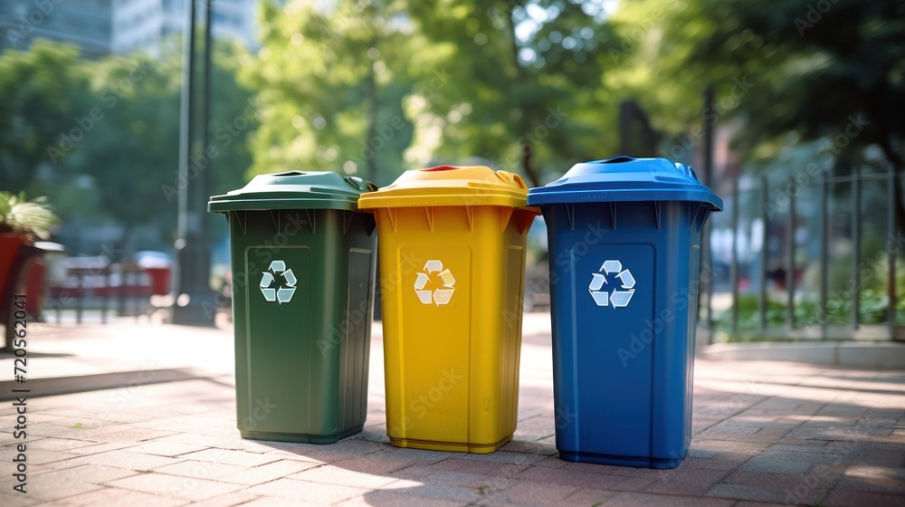 Close-up photos Different color recycling bins in city park bins for collection of recycle materials. Environment concept Close-up photos Different color recycling bins in city park bins for collection of recycle materials. Environment concept