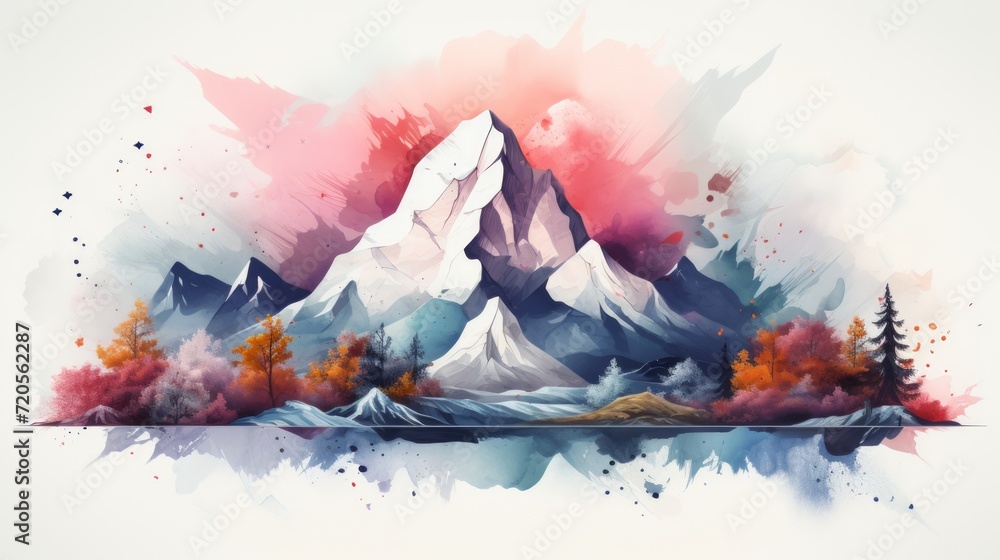 Watercolor landscape featuring a mountain view, Misty mountains watercolor background. Beautiful simple painting of mountains.
