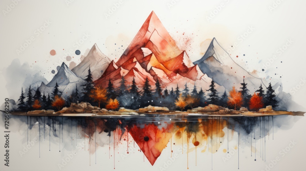 Watercolor landscape featuring a mountain view, Misty mountains watercolor background. Beautiful simple painting of mountains.