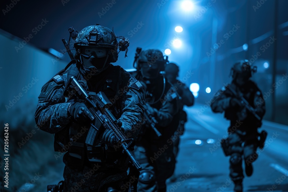 Fototapeta premium Special forces team on a night mission on an urban street. Counter-terrorism and SWAT team concept. Design for banner, poster, wallpaper. Special forces in combat concept. Night patrol and teamwork 