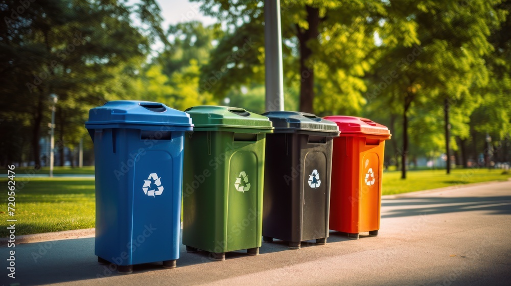 Close-up photos Different color recycling bins in city park bins for collection of recycle materials. Environment concept Close-up photos Different color recycling bins in city park bins for collection of recycle materials. Environment concept