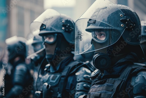 Riot police in formation with protective gear during a civil unrest situation. Police and protest rally concept. Design for banner, poster, background. Special unit photo