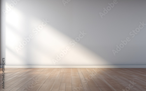 Light gray empty wall with wooden floor and glare of sun from window. 