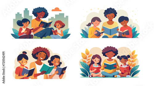Diverse family reading books together in various settings - vector illustration