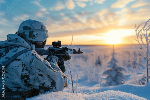 Sniper in winter camouflage aiming in a snowy landscape at sunrise. Military operations and tactics. Special forces unit. Design for banner, poster, wallpapers. Winter warfare and sniper operation 