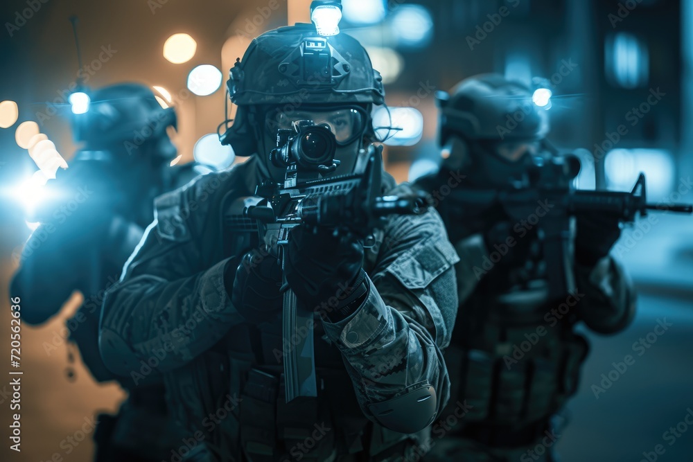 Special forces unit conducting a night operation in urban environment. Special forces unit. Counter-terrorism and SWAT team concept. Design for banner, poster, wallpaper Special forces unit conducting a night operation in urban environment. Special forces unit. Counter-terrorism and SWAT team concept. Design for banner, poster, wallpaper