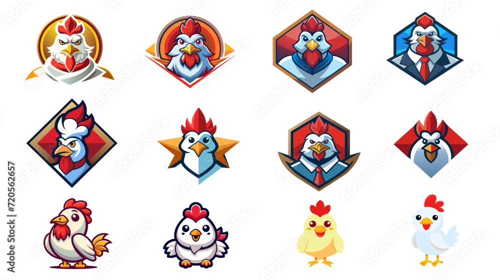 Colorful cartoon chicken characters in various outfits vector set