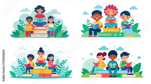 Diverse group of children reading books outdoors, educational vector illustration