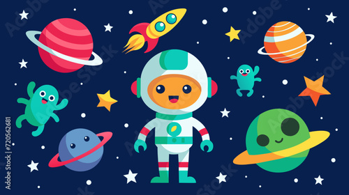 Cute astronaut and friendly aliens in a colorful space vector illustration