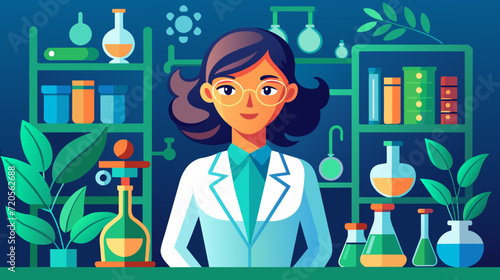 Female scientist in lab with chemistry equipment vector illustration