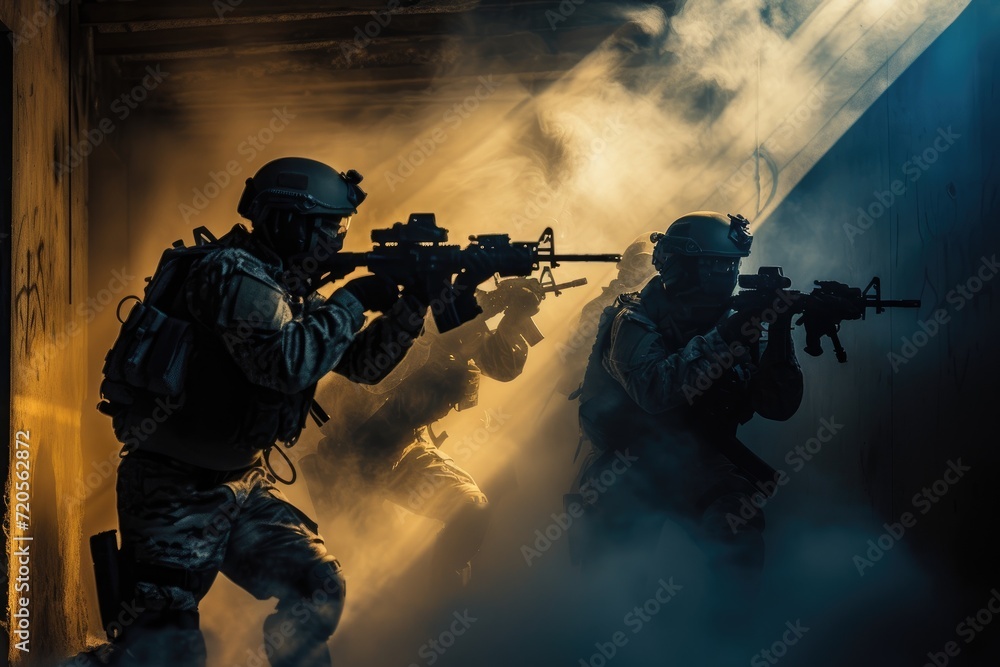 © dreamdes - Soldiers in combat firing weapons with smoke. Military operations and tactics concept. Special forces unit. Design for banner, poster, wallpapers. Urban warfare