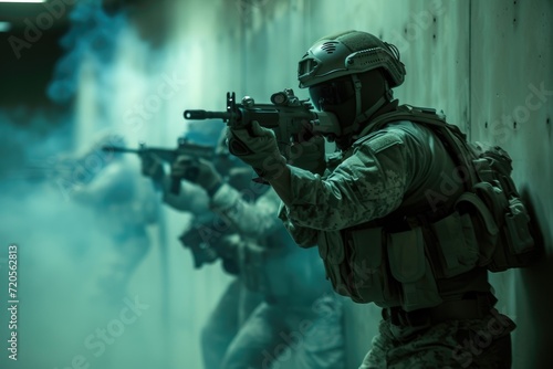 Military squad engaging in a firefight with smoke effects in an indoor setting. Military operations and tactics concept. Special forces unit, SWAT. Design for banner, poster, wallpapers. Urban warfare