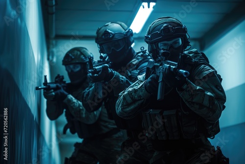 Team of special forces moving through a corridor with tactical formation. Special forces unit. Counter-terrorism and SWAT team concept. Design for banner, poster, backdrop photo