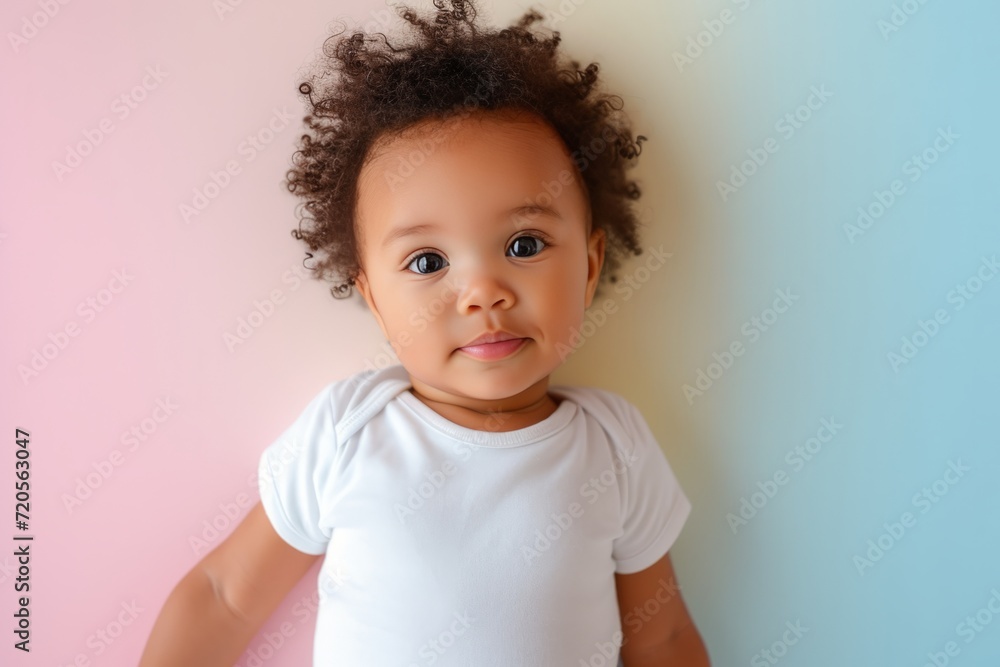 Naklejka premium Baby Girl With Curly Hair Wearing White Bodysuit on pastel background. 