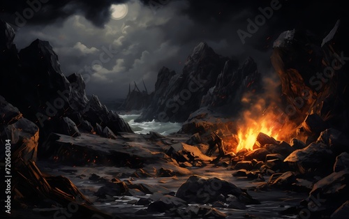 A burning bonfire on the beach at night
