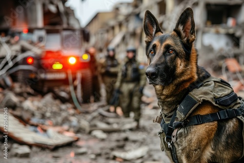 Service dog in tactical vest on a search and rescue mission in urban ruins. Emergency and rescue services concept. Destroyed buildings. Design for banner, poster photo