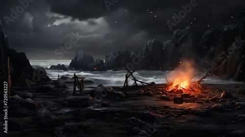 Fantasy landscape with a fire in the dark