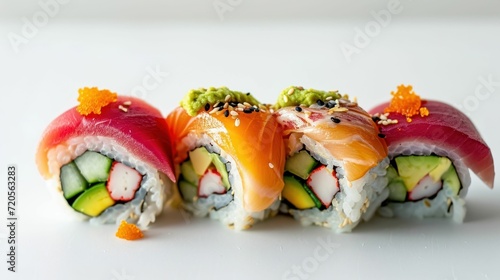 Side view of a Rainbow Roll against a spotless white backdrop