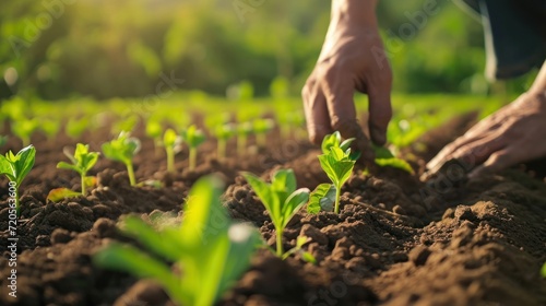 Shot of a farmer delicately planting young plant in rows © sitifatimah