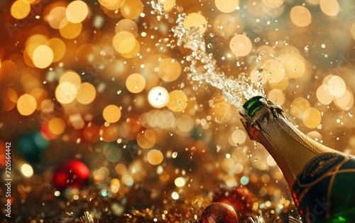 Champagne cork popping midair against a backdrop of glittering New Years decorations