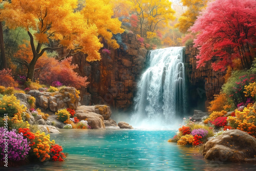 Fantasy waterfall with autumn trees and beautiful flowers  idyllic landscape