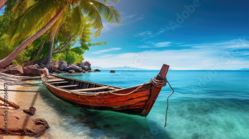 A lone small wooden rowing boat is moored in calm water. The illustration creates a serene mood. Tropical islands and blue sky on the horizon. Nature background. Design for flyer, cover or brochure.