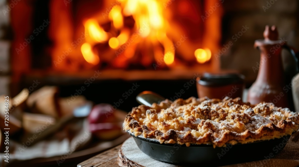 Streusel Topped Apple Pie against a winter fireplace