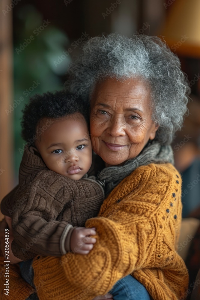 Obraz premium A heartwarming image featuring a grandmother and her grandson sharing a warm and affectionate embrace while surrounded by soft blankets and cozy lighting, creating a cherished family moment.