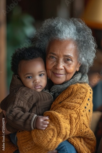 A heartwarming image featuring a grandmother and her grandson sharing a warm and affectionate embrace while surrounded by soft blankets and cozy lighting, creating a cherished family moment.