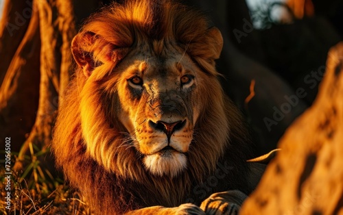 Close up shot of lion basking in the soft glow of the twilight